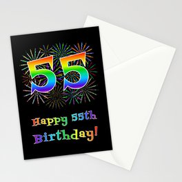 [ Thumbnail: 55th Birthday - Fun Rainbow Spectrum Gradient Pattern Text, Bursting Fireworks Inspired Background Stationery Cards ]