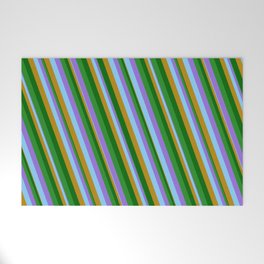 [ Thumbnail: Vibrant Purple, Light Sky Blue, Dark Goldenrod, Dark Green, and Forest Green Colored Lines Pattern Welcome Mat ]