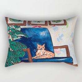 Ginger Cat on Blue Mid Century Chair Painting Rectangular Pillow