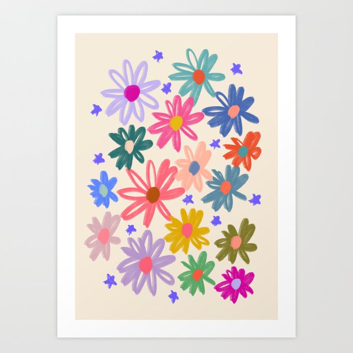Bright Flowers and Stars Art Print