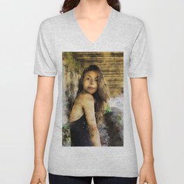 Woman Wearing Black Cami Top Leaning On Wall Under Boardwalk V Neck T Shirt