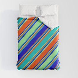 [ Thumbnail: Dark Turquoise, Blue, Green, and Red Colored Striped Pattern Duvet Cover ]