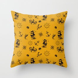 Mustard And Blue Silhouettes Of Vintage Nautical Pattern Throw Pillow