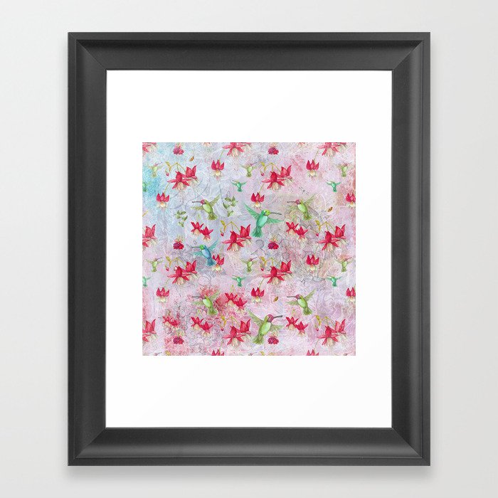 Vintage Watercolor hummingbird and Fuchsia Flowers on pink Background Framed Art Print