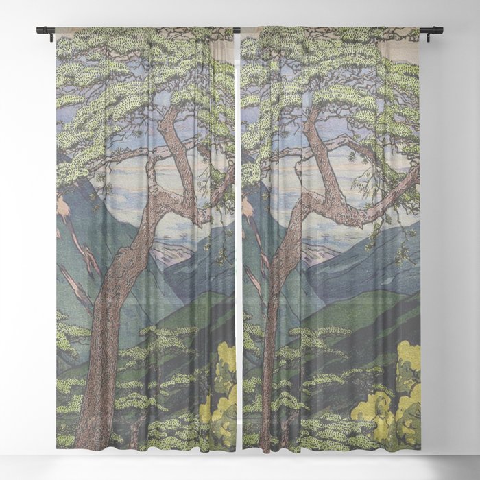 The Downwards Climbing - Summer Tree & Mountain Ukiyoe Nature Landscape in Green Sheer Curtain