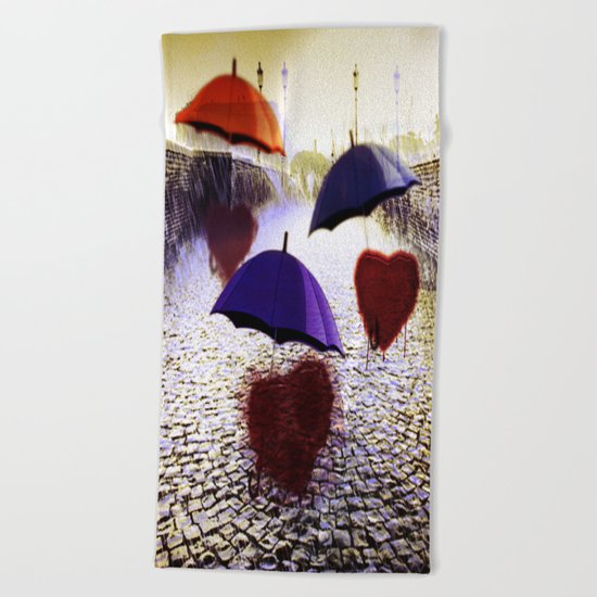 Three Lonely Hearts In the Rain Beach Towel