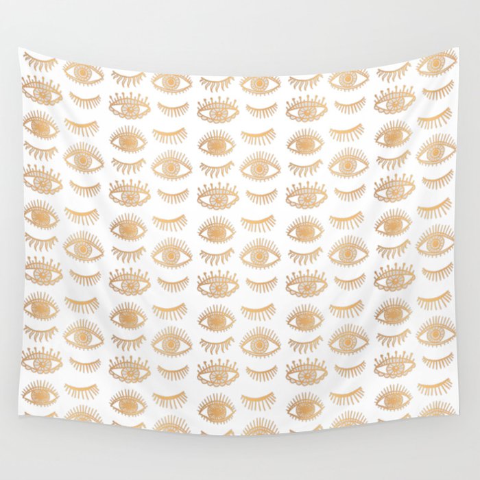 Evil Eyes White and Gold Wall Tapestry