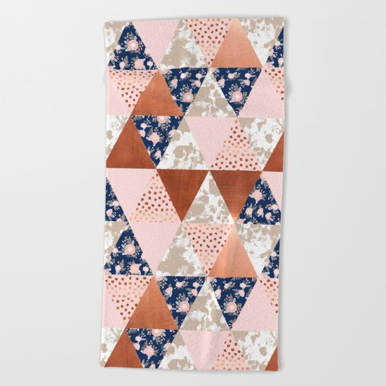 Floral bouquet pastel navy pink florals painted quilt metallic pattern basic minimal quilt pattern Beach Towel