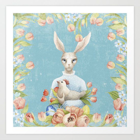 Beautiful Floral Flowers Female Animal Easter Bunny on #Society6 Art Print