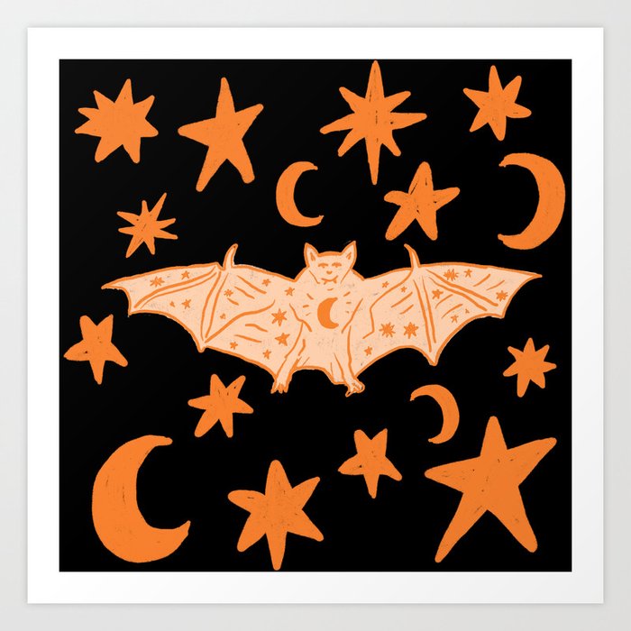 Witchy Bat with Stars and Moons, Halloween Orange over Black Art Print