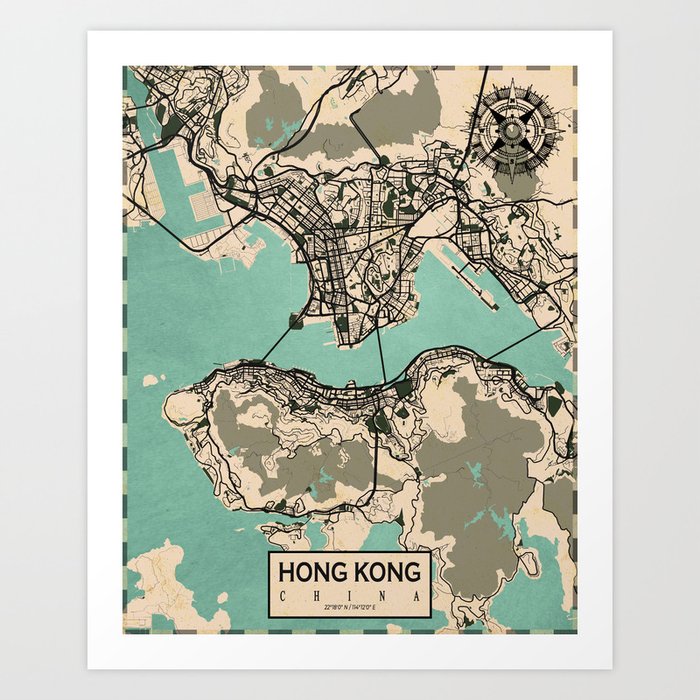 Hong Kong City Map - Vintage Art Print