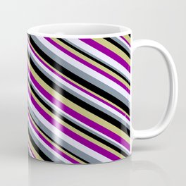 [ Thumbnail: Eye-catching Dark Khaki, Purple, Lavender, Slate Gray, and Black Colored Lined/Striped Pattern Coffee Mug ]