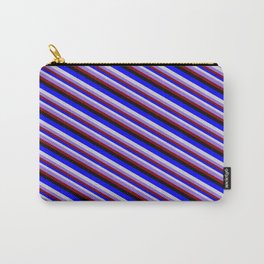 [ Thumbnail: Colorful Blue, Light Gray, Purple, Maroon, and Black Colored Stripes/Lines Pattern Carry-All Pouch ]