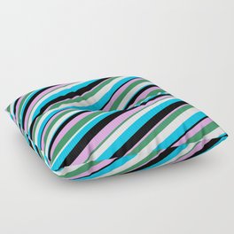 [ Thumbnail: Eyecatching Plum, Sea Green, White, Deep Sky Blue, and Black Colored Pattern of Stripes Floor Pillow ]