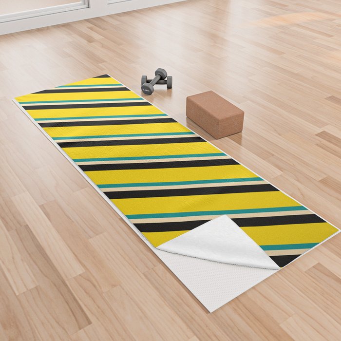 Dark Cyan, Beige, Black & Yellow Colored Stripes/Lines Pattern Yoga Towel