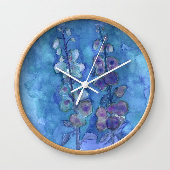 Blue Hollyhock Foxglove Minimalist Watercolor Wall Clock