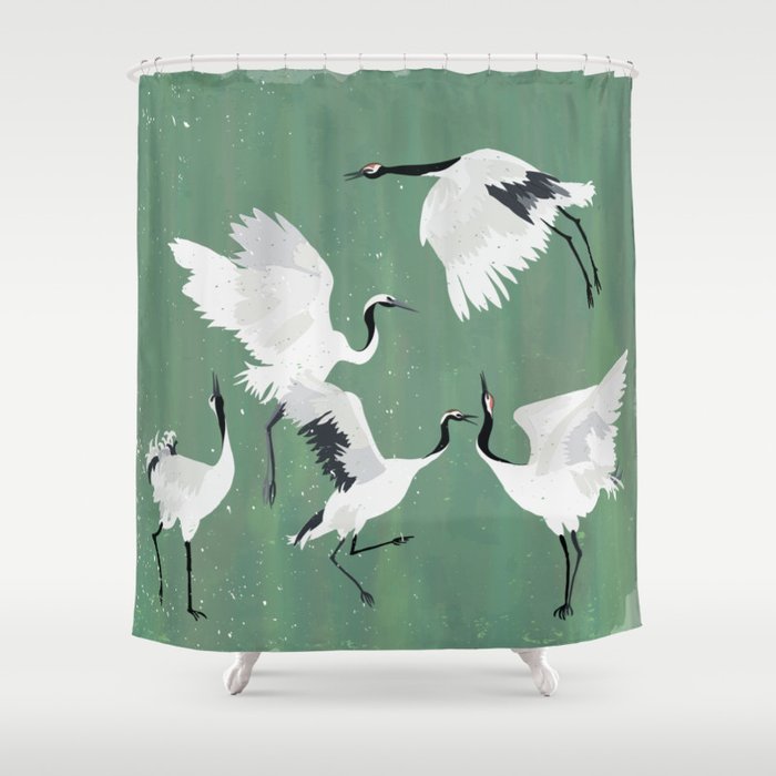 Dancing cranes - jade green Shower Curtain