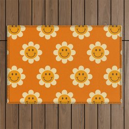Retro Smiley Floral Face Pattern in Orange, Yellow & Brown Outdoor Rug