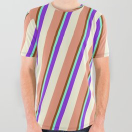 [ Thumbnail: Vibrant Brown, Aquamarine, Purple, Beige & Dark Salmon Colored Lined Pattern All Over Graphic Tee ]