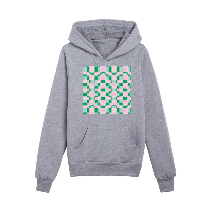 Modern Checkerboard in Pink and Green  Kids Pullover Hoodie