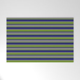 [ Thumbnail: Midnight Blue, Grey & Green Colored Lines/Stripes Pattern Welcome Mat ]