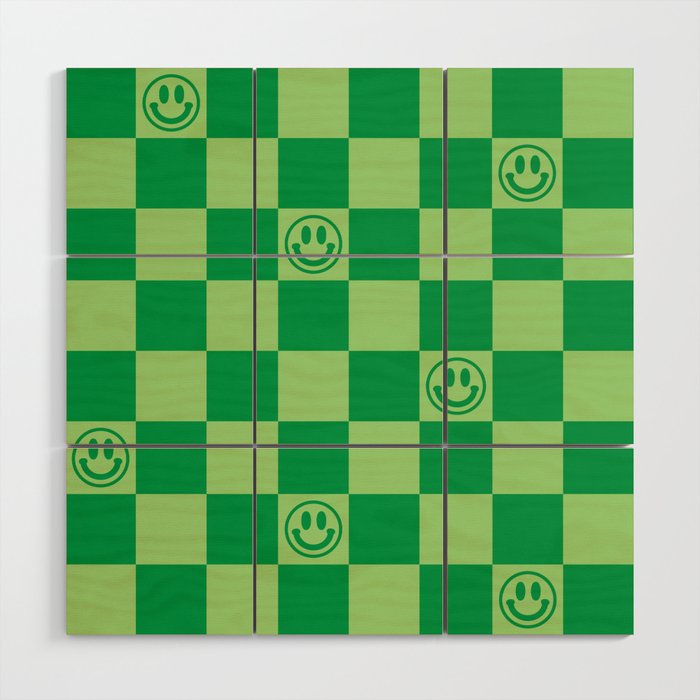 Monochromatic Green Smiley Face Checkerboard Wood Wall Art