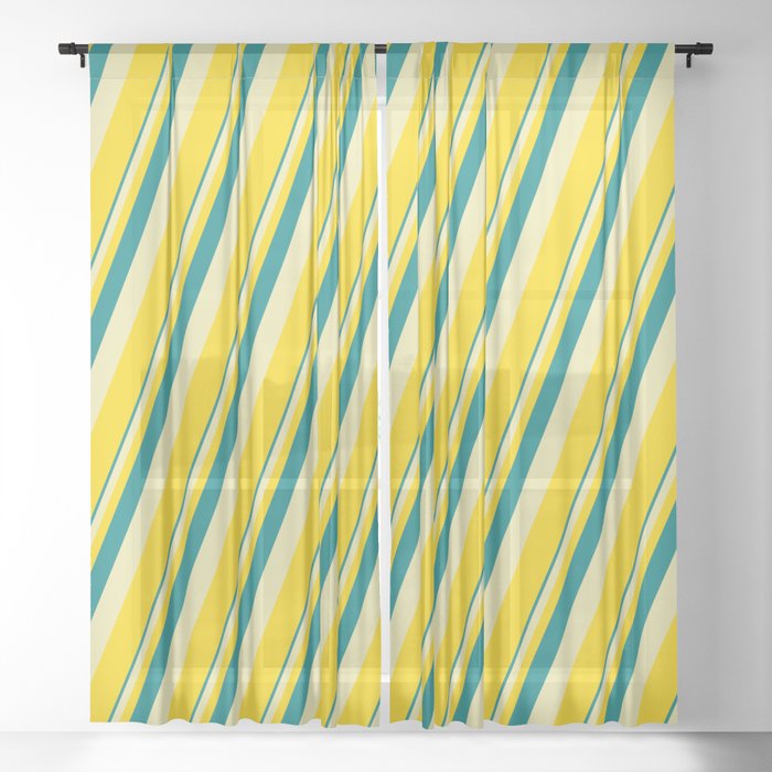 Teal, Pale Goldenrod & Yellow Colored Lines Pattern Sheer Curtain