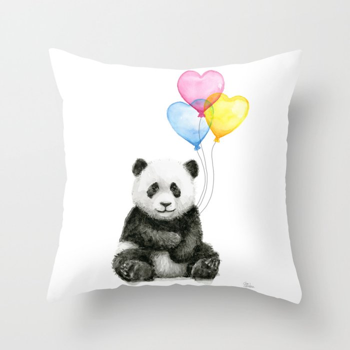 Panda Baby with Heart-Shaped Balloons Whimsical Animals Nursery Decor Throw Pillow