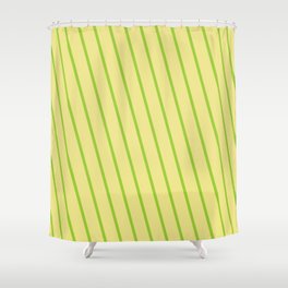 [ Thumbnail: Tan & Green Colored Stripes/Lines Pattern Shower Curtain ]