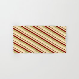 [ Thumbnail: Dark Red, Dark Khaki & Tan Colored Stripes Pattern Hand & Bath Towel ]