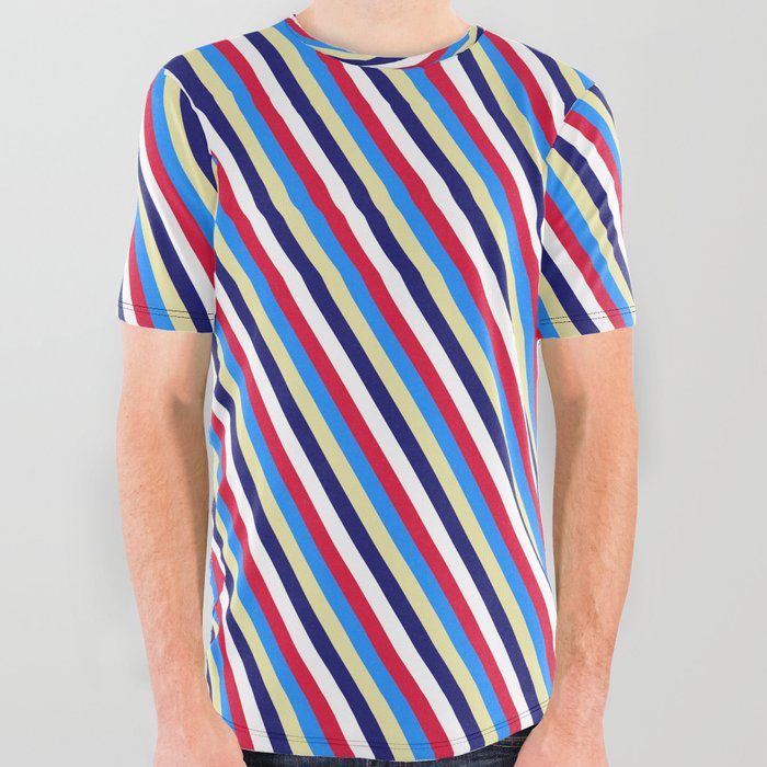 Eye-catching Crimson, Blue, Pale Goldenrod, Midnight Blue & White Colored Striped Pattern All Over Graphic Tee