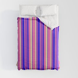 [ Thumbnail: Hot Pink, Pale Goldenrod, Dark Orchid & Blue Colored Stripes Pattern Duvet Cover ]