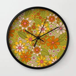 1960s, 1970s Retro Floral in Green, Pink & Orange - Flower Power Wall Clock
