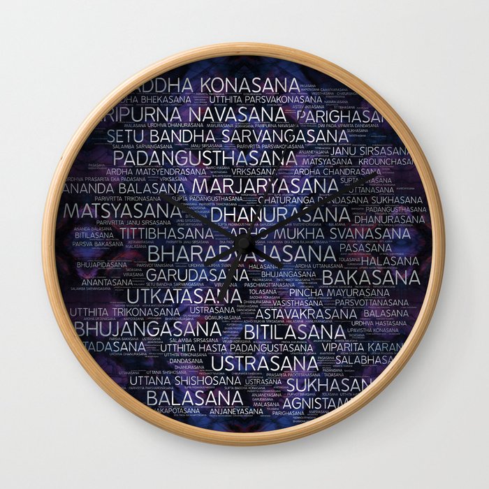 Yoga Asanas / Poses Sanskrit Word Art  Pearl on amethyst Wall Clock