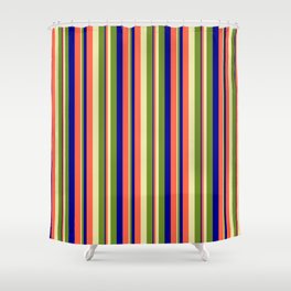 [ Thumbnail: Pale Goldenrod, Green, Dark Blue & Red Colored Stripes/Lines Pattern Shower Curtain ]