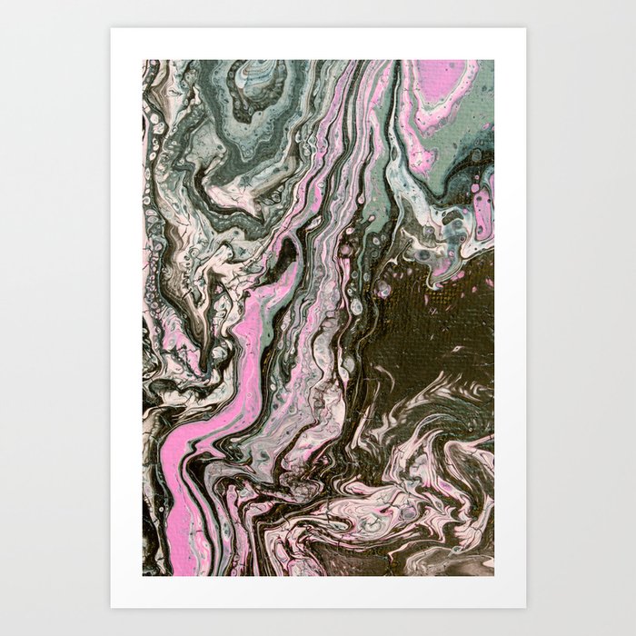 Fluid Art Acrylic Painting, Pour 34, Black, Gray, Pink & White Blended Color Art Print