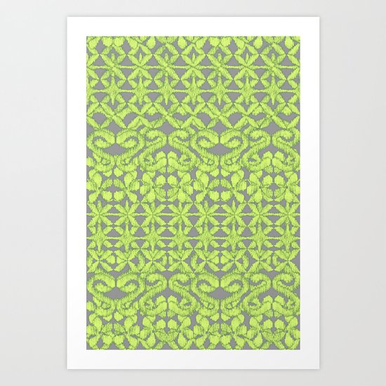 Ikat Lace in Lime on Dark Grey Art Print