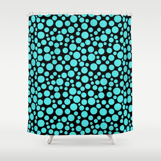 Turquoise Polka Dots On A Black Background Shower Curtain