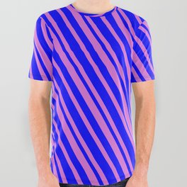 [ Thumbnail: Blue and Orchid Colored Pattern of Stripes All Over Graphic Tee ]