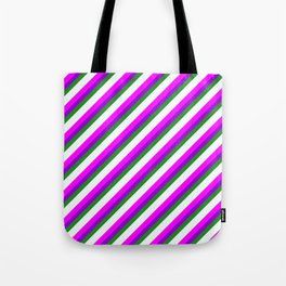 [ Thumbnail: Eye-catching Fuchsia, Dark Violet, Forest Green, Mint Cream, and Light Grey Colored Stripes Pattern Tote Bag ]