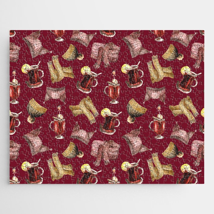 Watercolor mulled wine and scarfs pattern Jigsaw Puzzle