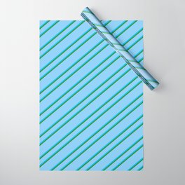 [ Thumbnail: Light Sky Blue, Deep Sky Blue, and Forest Green Colored Striped Pattern Wrapping Paper ]