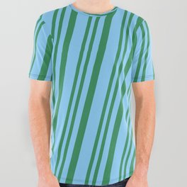 [ Thumbnail: Sea Green & Light Sky Blue Colored Lined/Striped Pattern All Over Graphic Tee ]