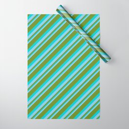 [ Thumbnail: Sky Blue, Green & Dark Turquoise Colored Striped Pattern Wrapping Paper ]