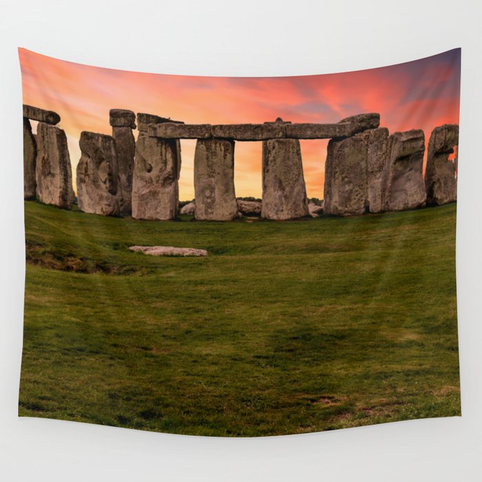 Great Britain Photography - The Stone Henge Under The Red Sunset Wall Tapestry