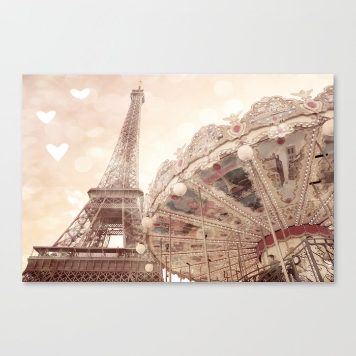 Eiffel Tower Carousel Dreamy Sepia Hearts  Canvas Print