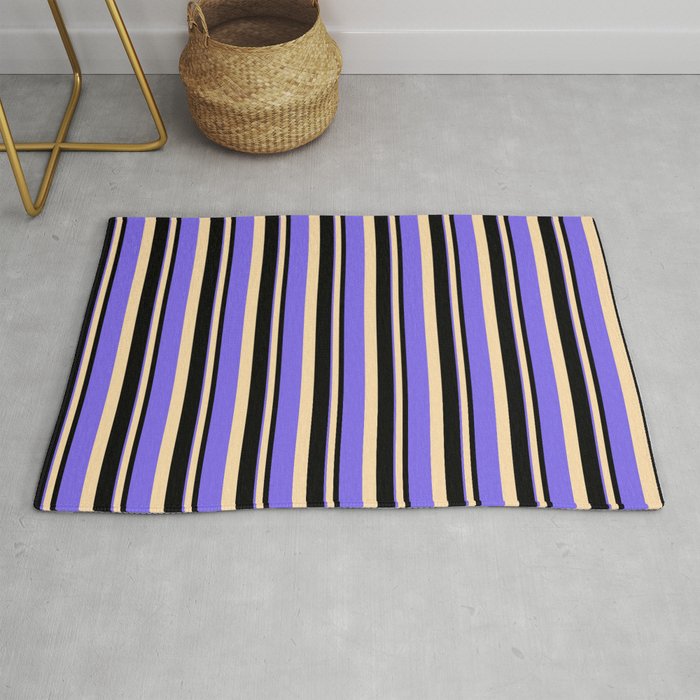Black, Tan, and Medium Slate Blue Colored Stripes/Lines Pattern Rug