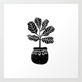 Fiddle Fig linocut house plant lino print black and white minimal art for office decor Art Print