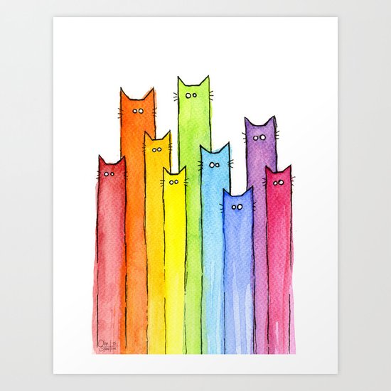 Rainbow of Cats Funny Whimsical Colorful Cat Animals Art Print