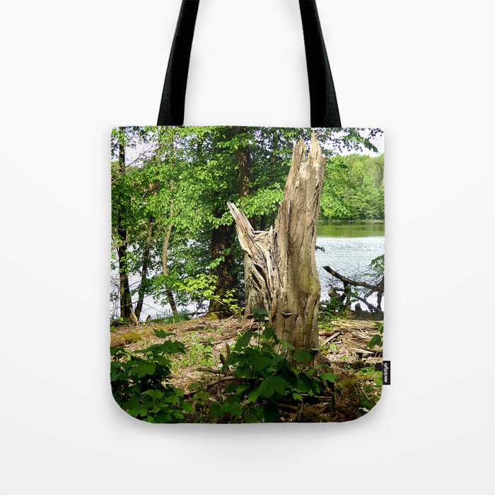 Dead tree with forest and lake photo Tote Bag